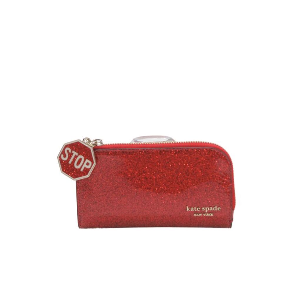 Kate Spade New York Womens Patent Leather Glitter Print Zipped Wallet Red